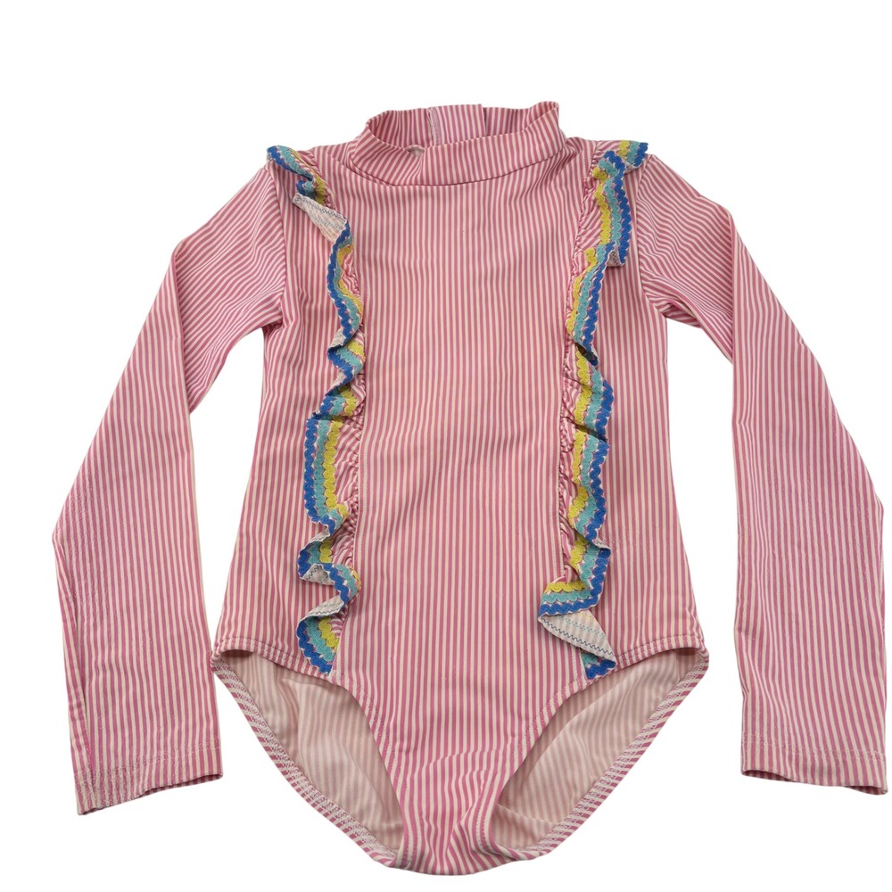 Mini Boden Girls Pink Striped Ruffle Rash Guard Swimsuit Long Sleeve 7/8
